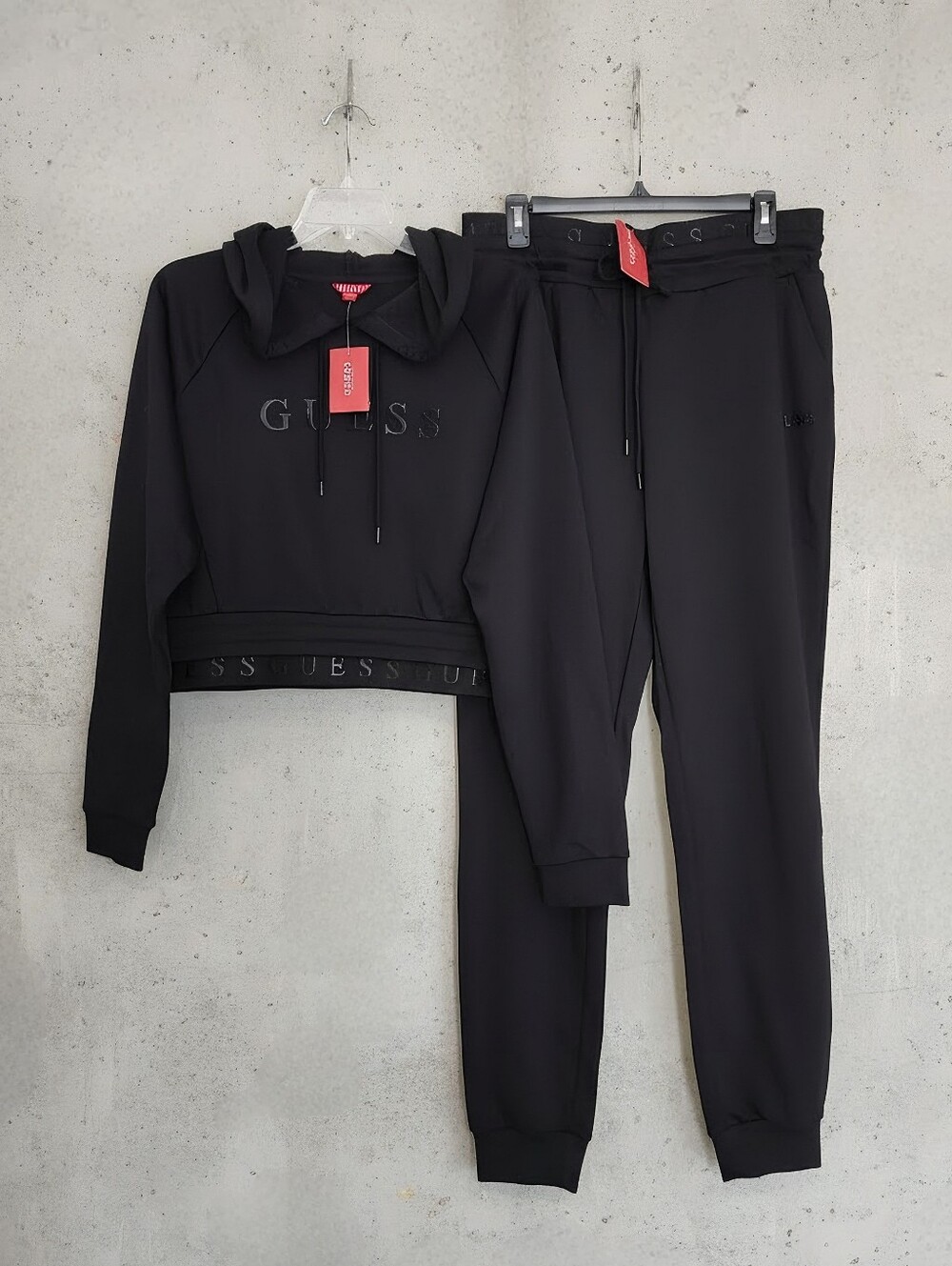 NWT GUESS Womens Ivy Terry Hoodie & Joggers, Black, XL